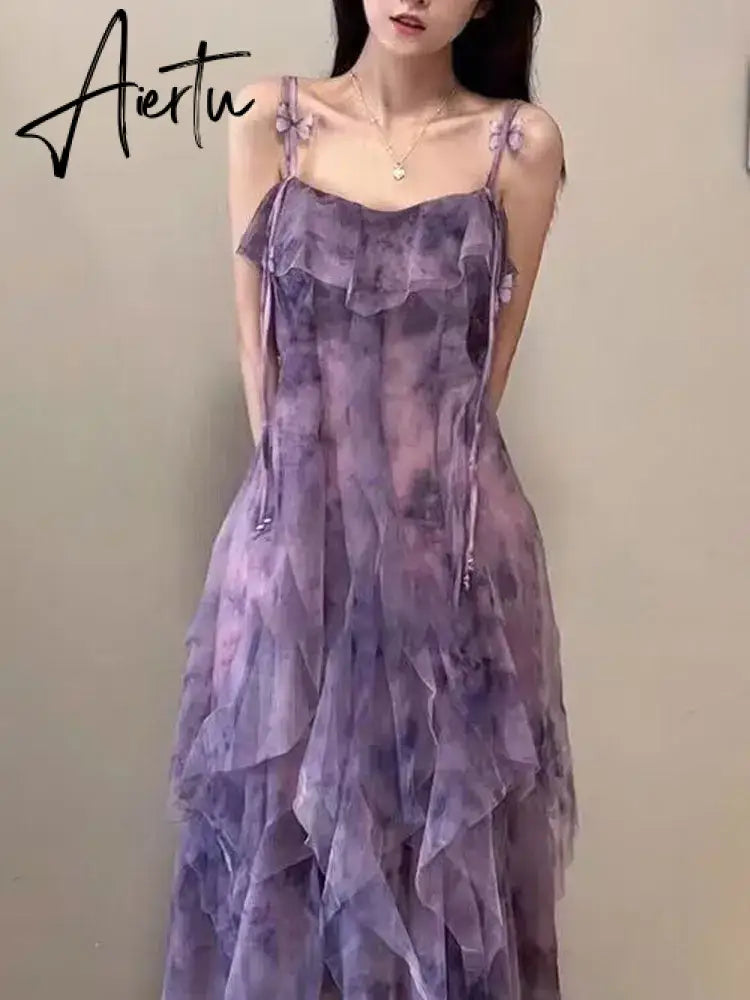 Aiertu NEW Women Gothic Ruffle autumn Sleeveless Midi Dress Mesh Party Dress Female Solid prom Dress vestidos para Aiertu