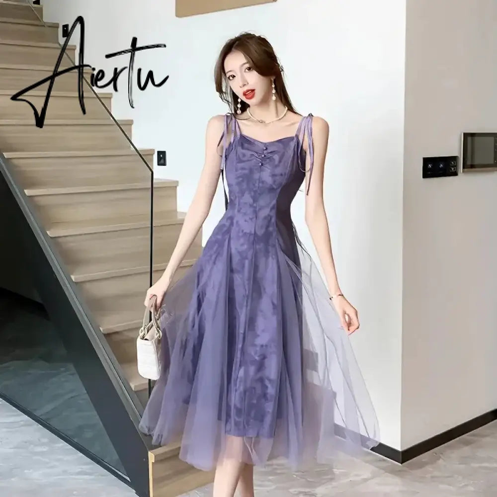 Aiertu NEW Women Gothic Ruffle autumn Sleeveless Midi Dress Mesh Party Dress Female Solid prom Dress vestidos para Aiertu