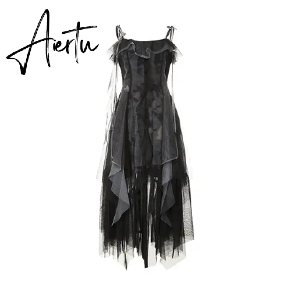 Aiertu NEW Women Gothic Ruffle autumn Sleeveless Midi Dress Mesh Party Dress Female Solid prom Dress vestidos para Aiertu