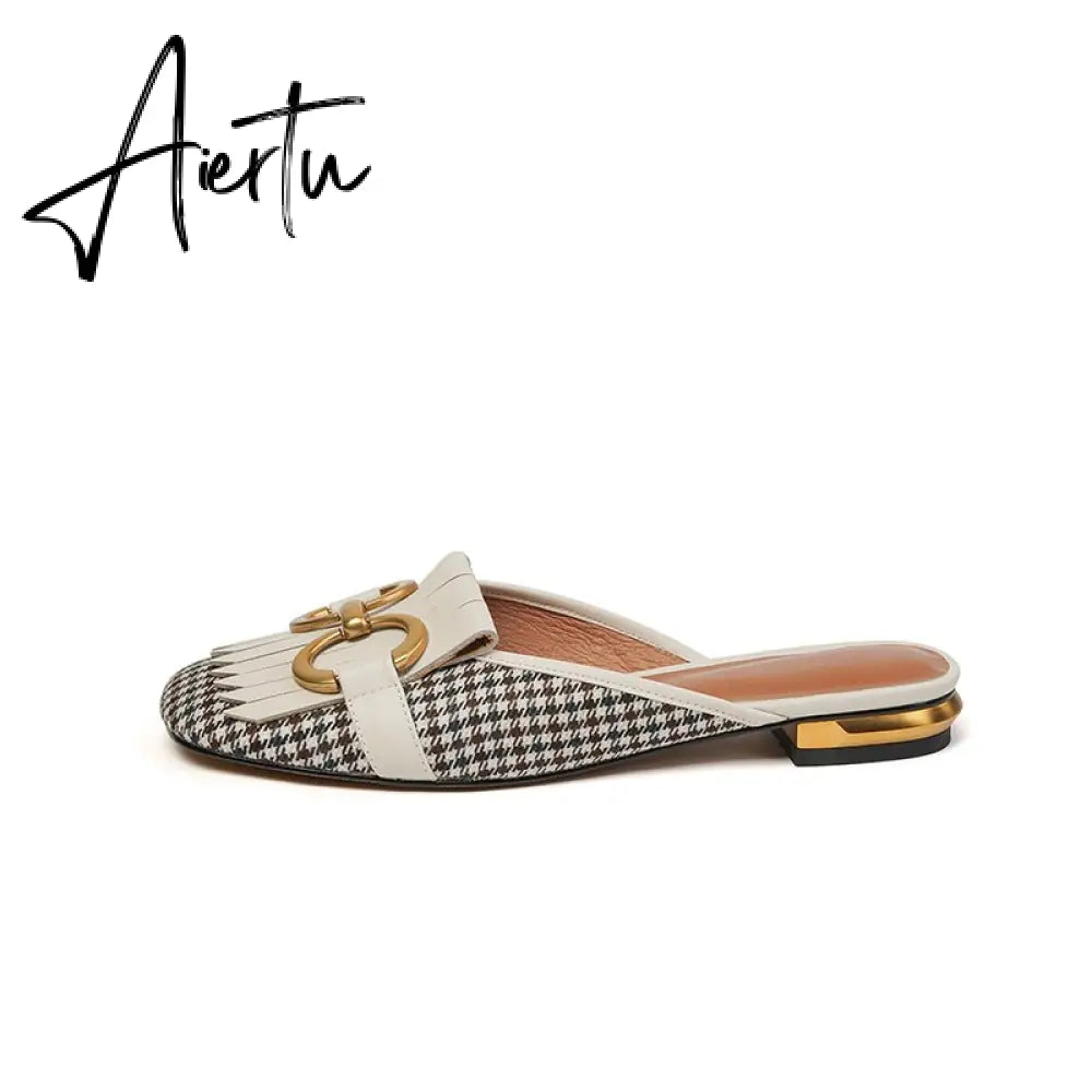 Aiertu  New Women Patchwork Slippers Genuine Leather High Heel Muels Slippers Sqaure Toe Mules Ladies Casual Summer Shoes Slippers Aiertu