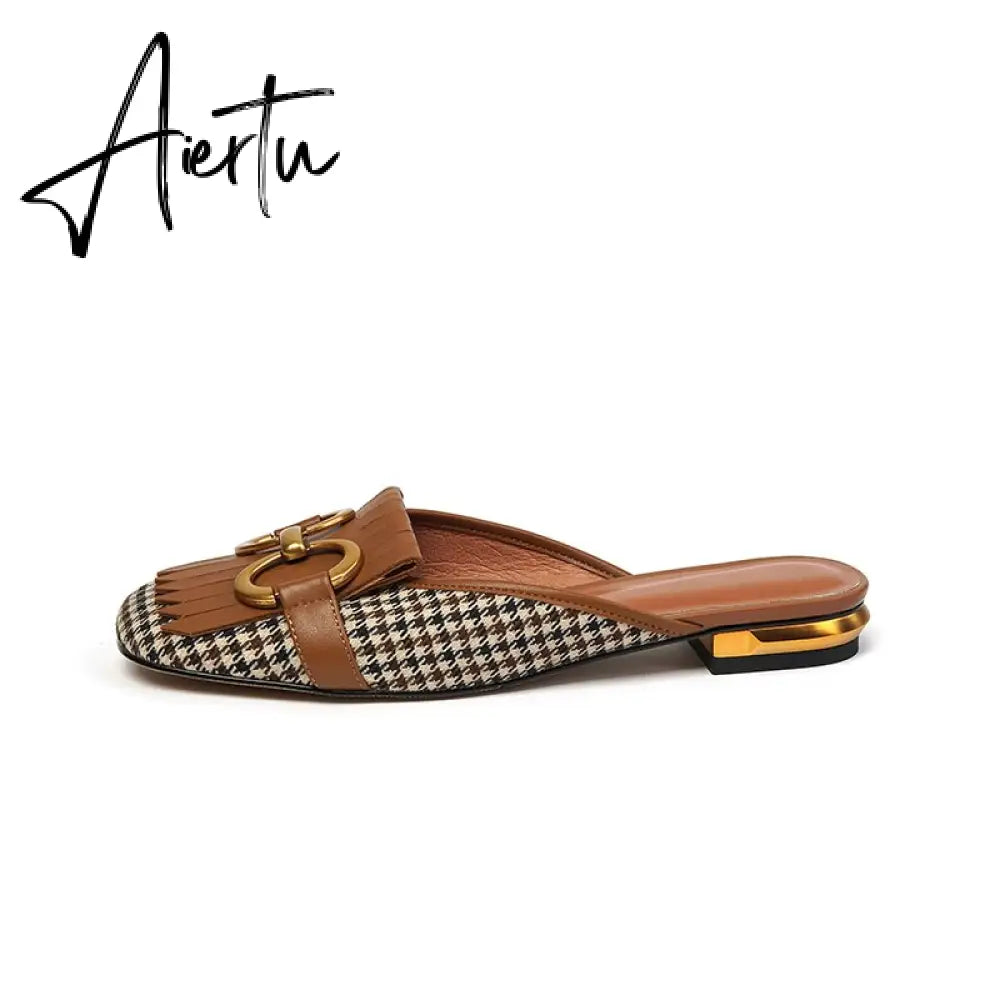 Aiertu  New Women Patchwork Slippers Genuine Leather High Heel Muels Slippers Sqaure Toe Mules Ladies Casual Summer Shoes Slippers Aiertu