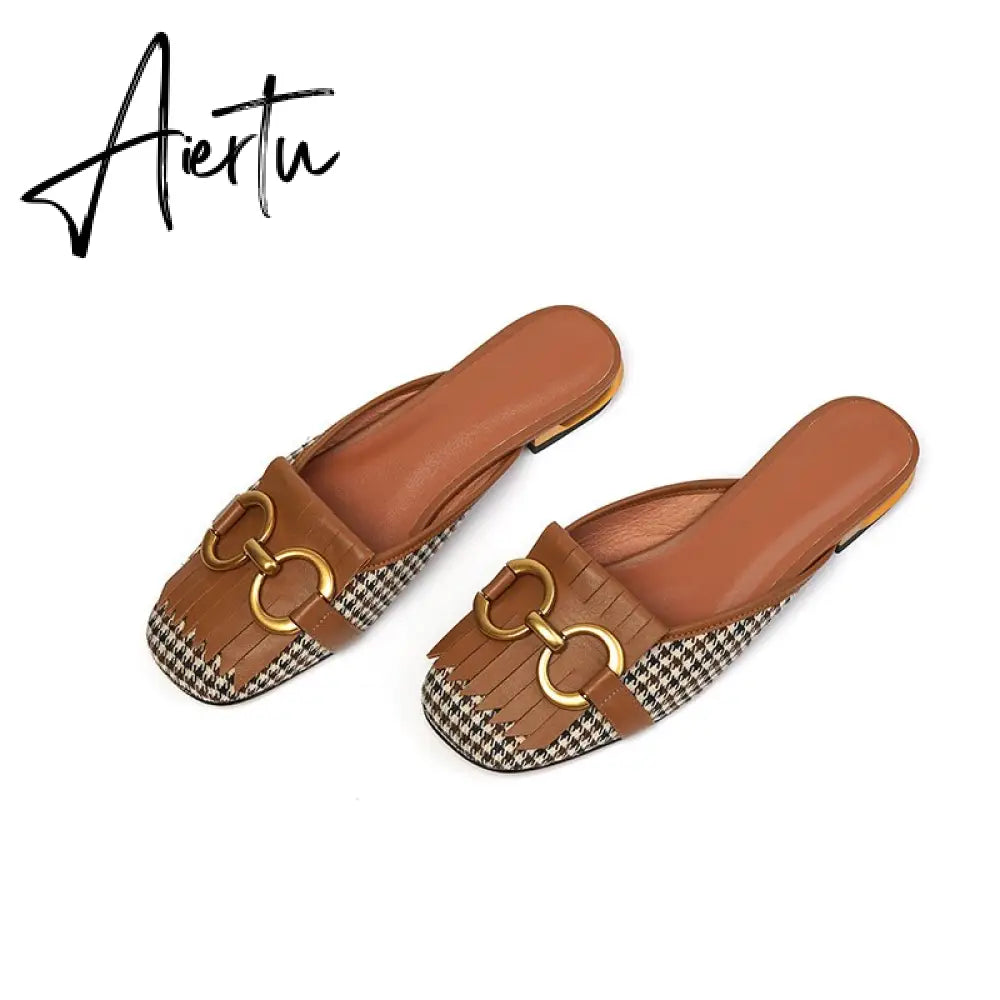 Aiertu  New Women Patchwork Slippers Genuine Leather High Heel Muels Slippers Sqaure Toe Mules Ladies Casual Summer Shoes Slippers Aiertu