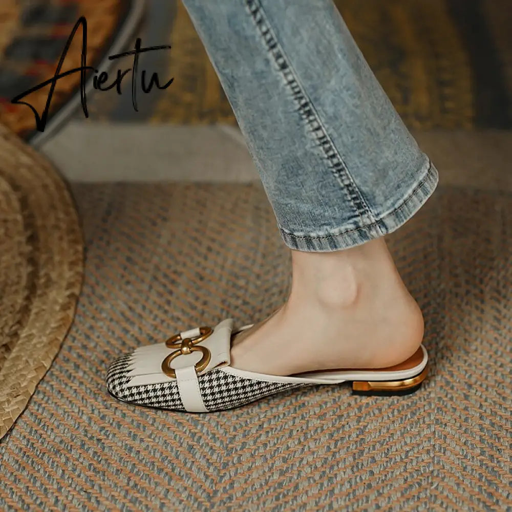 Aiertu  New Women Patchwork Slippers Genuine Leather High Heel Muels Slippers Sqaure Toe Mules Ladies Casual Summer Shoes Slippers Aiertu