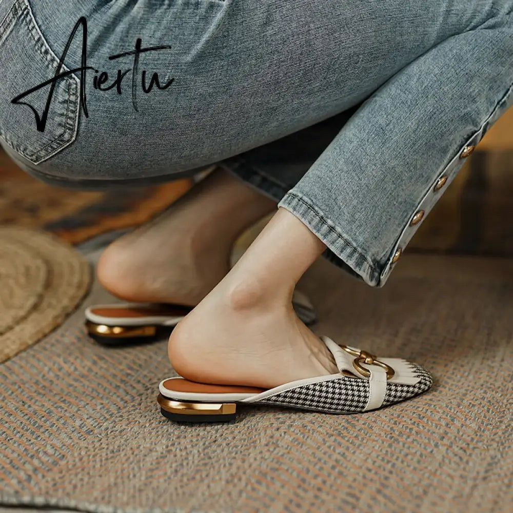 Aiertu  New Women Patchwork Slippers Genuine Leather High Heel Muels Slippers Sqaure Toe Mules Ladies Casual Summer Shoes Slippers Aiertu