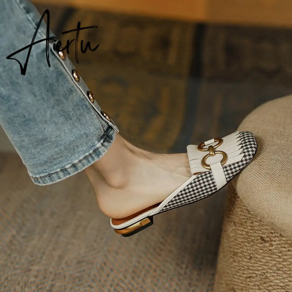 Aiertu  New Women Patchwork Slippers Genuine Leather High Heel Muels Slippers Sqaure Toe Mules Ladies Casual Summer Shoes Slippers Aiertu