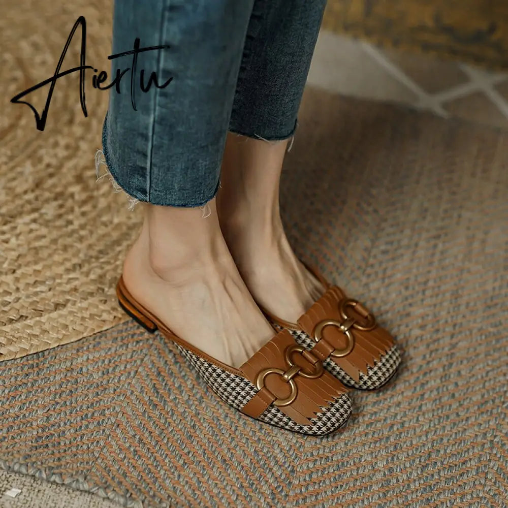 Aiertu  New Women Patchwork Slippers Genuine Leather High Heel Muels Slippers Sqaure Toe Mules Ladies Casual Summer Shoes Slippers Aiertu