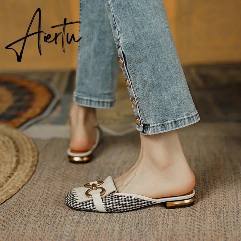 Aiertu  New Women Patchwork Slippers Genuine Leather High Heel Muels Slippers Sqaure Toe Mules Ladies Casual Summer Shoes Slippers Aiertu