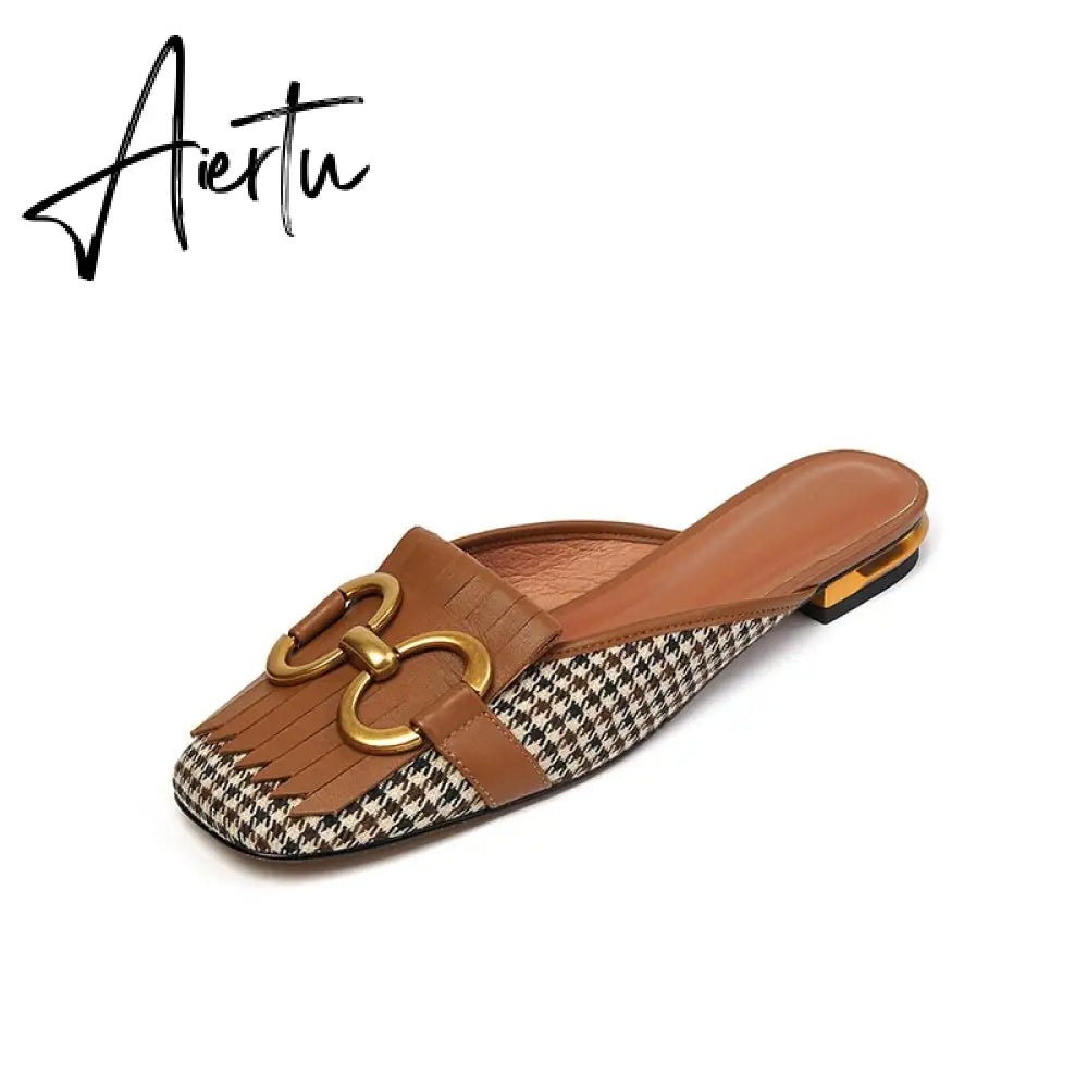 Aiertu  New Women Patchwork Slippers Genuine Leather High Heel Muels Slippers Sqaure Toe Mules Ladies Casual Summer Shoes Slippers Aiertu