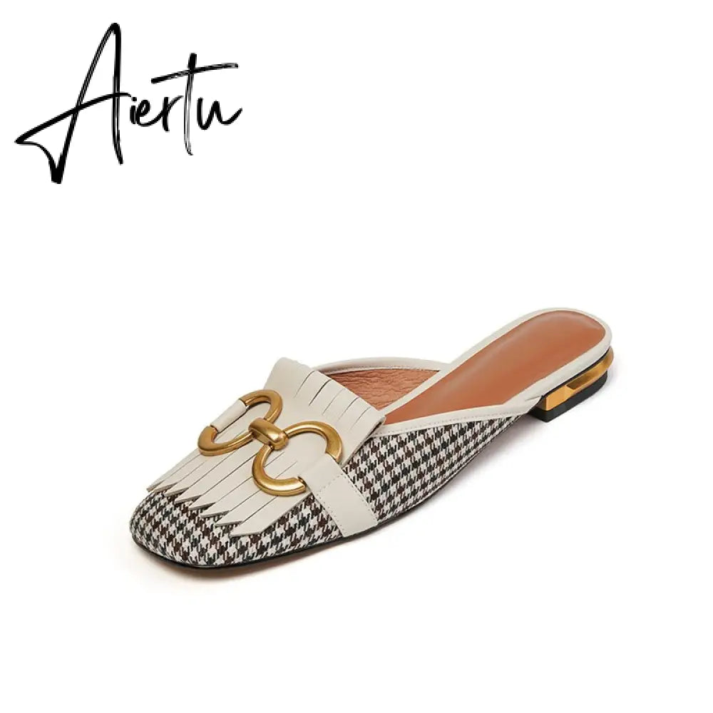 Aiertu  New Women Patchwork Slippers Genuine Leather High Heel Muels Slippers Sqaure Toe Mules Ladies Casual Summer Shoes Slippers Aiertu