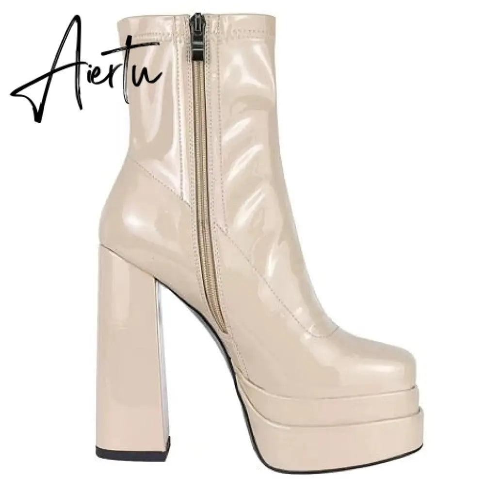 Aiertu  New Women Platform Boots Chunky Heels Designer Shoes For Women Motorcycle Boots Side Zipper Women's Ankle Botas Femininas Aiertu