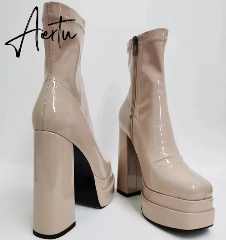 Aiertu  New Women Platform Boots Chunky Heels Designer Shoes For Women Motorcycle Boots Side Zipper Women's Ankle Botas Femininas Aiertu