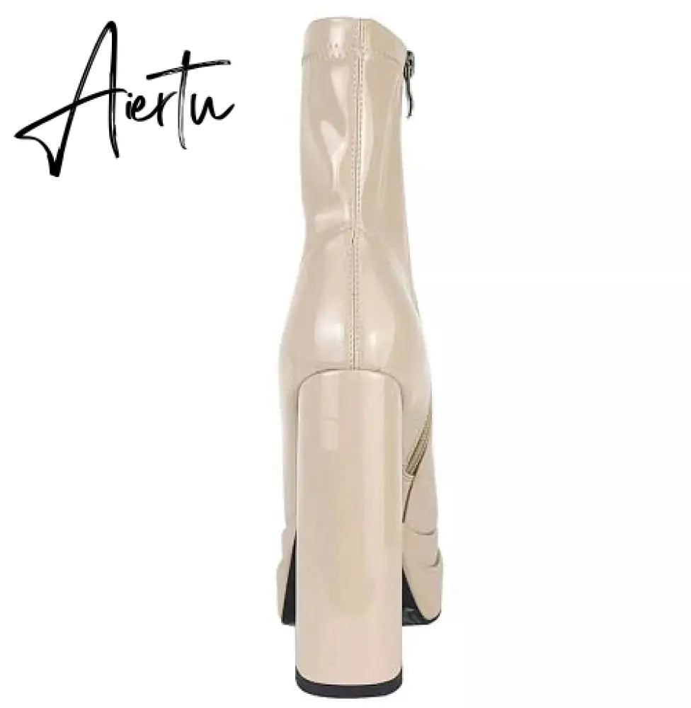 Aiertu  New Women Platform Boots Chunky Heels Designer Shoes For Women Motorcycle Boots Side Zipper Women's Ankle Botas Femininas Aiertu