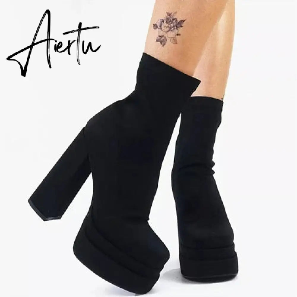 Aiertu  New Women Platform Boots Chunky Heels Designer Shoes For Women Motorcycle Boots Side Zipper Women's Ankle Botas Femininas Aiertu