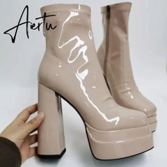 Aiertu  New Women Platform Boots Chunky Heels Designer Shoes For Women Motorcycle Boots Side Zipper Women's Ankle Botas Femininas Aiertu