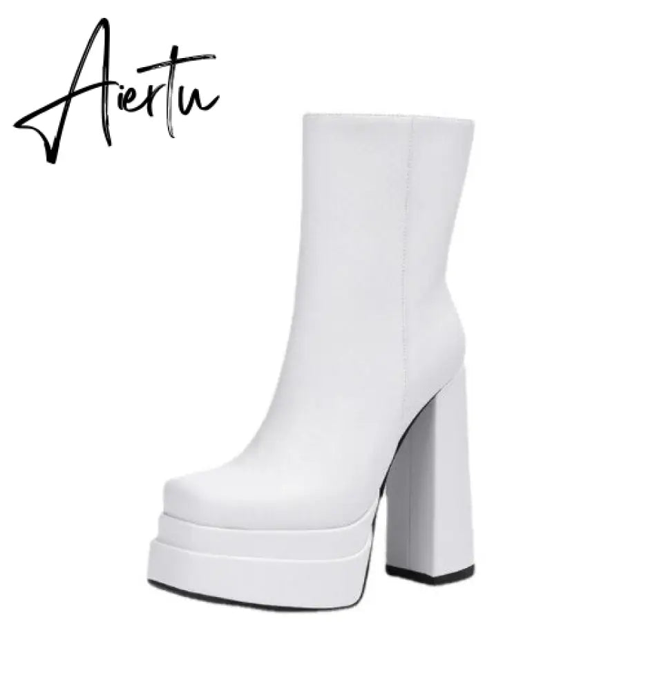 Aiertu  New Women Platform Boots Chunky Heels Designer Shoes For Women Motorcycle Boots Side Zipper Women's Ankle Botas Femininas Aiertu