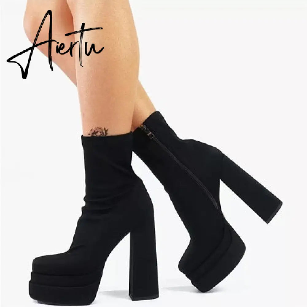 Aiertu  New Women Platform Boots Chunky Heels Designer Shoes For Women Motorcycle Boots Side Zipper Women's Ankle Botas Femininas Aiertu