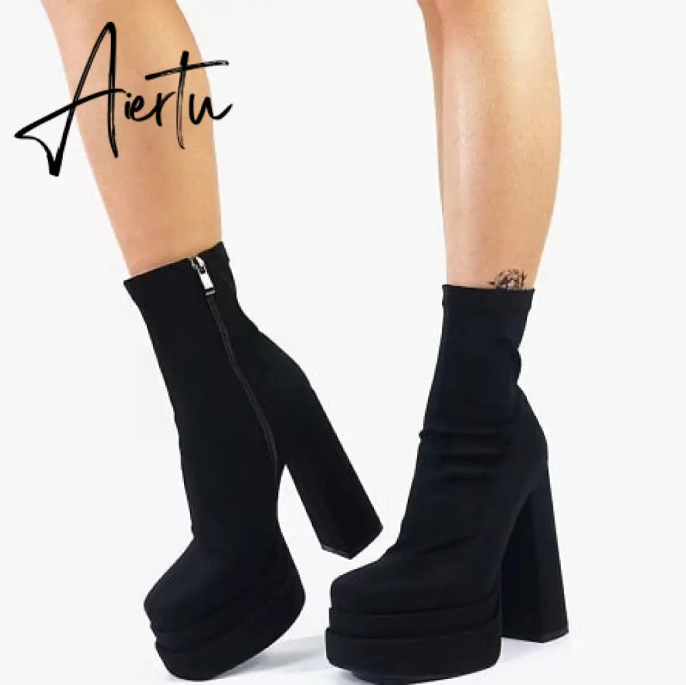 Aiertu  New Women Platform Boots Chunky Heels Designer Shoes For Women Motorcycle Boots Side Zipper Women's Ankle Botas Femininas Aiertu