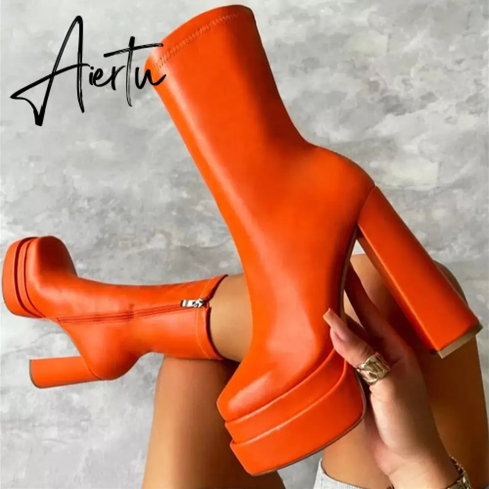 Aiertu  New Women Platform Boots Chunky Heels Designer Shoes For Women Motorcycle Boots Side Zipper Women's Ankle Botas Femininas Aiertu