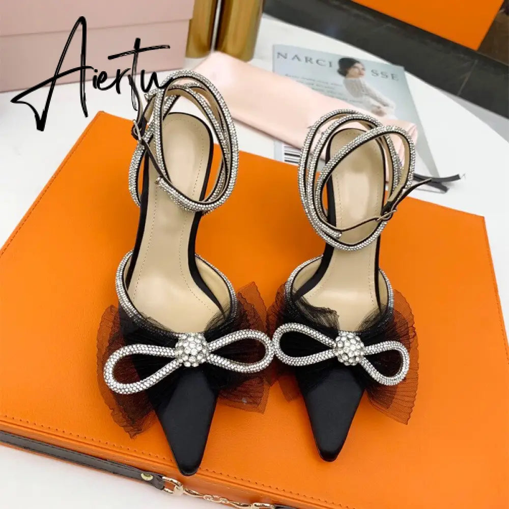 Aiertu New Women Sandals Fashion big bowknot High heels Wedding Party Shoes Luxury Crystal Satin Ankle strap Summer Bridal Shoes Aiertu