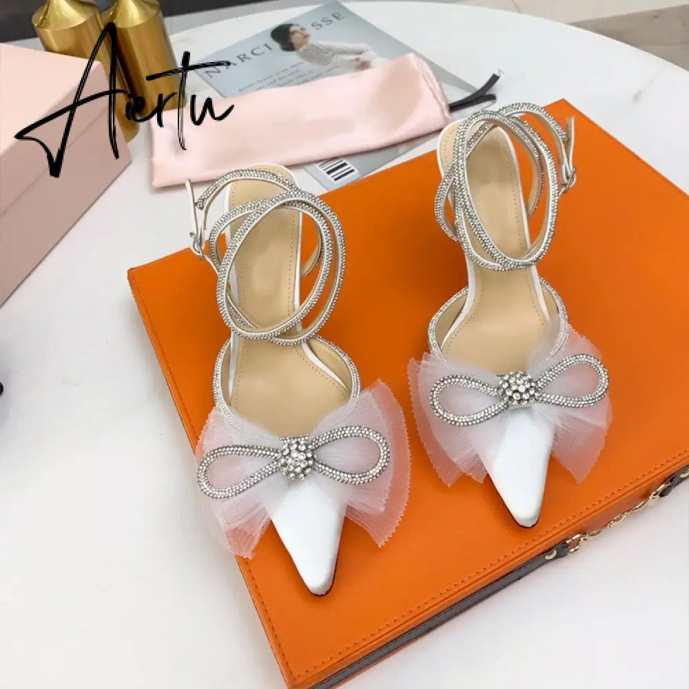 Aiertu New Women Sandals Fashion big bowknot High heels Wedding Party Shoes Luxury Crystal Satin Ankle strap Summer Bridal Shoes Aiertu