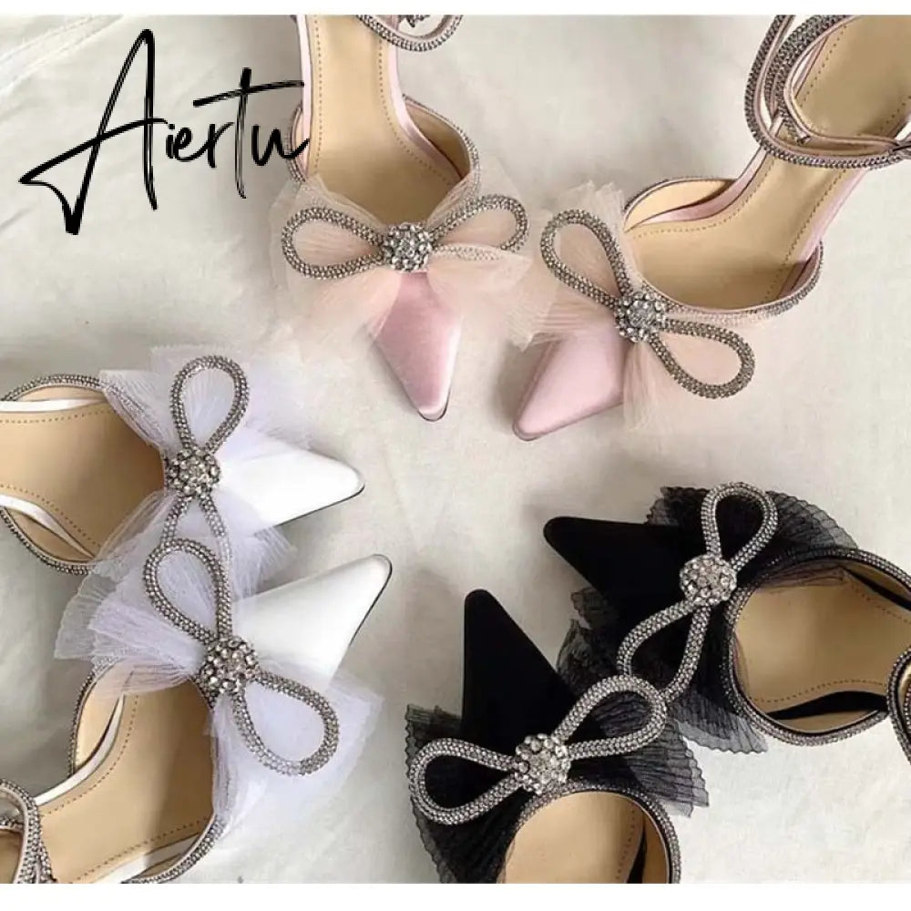 Aiertu New Women Sandals Fashion big bowknot High heels Wedding Party Shoes Luxury Crystal Satin Ankle strap Summer Bridal Shoes Aiertu