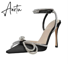 Aiertu New Women Sandals Fashion big bowknot High heels Wedding Party Shoes Luxury Crystal Satin Ankle strap Summer Bridal Shoes Aiertu