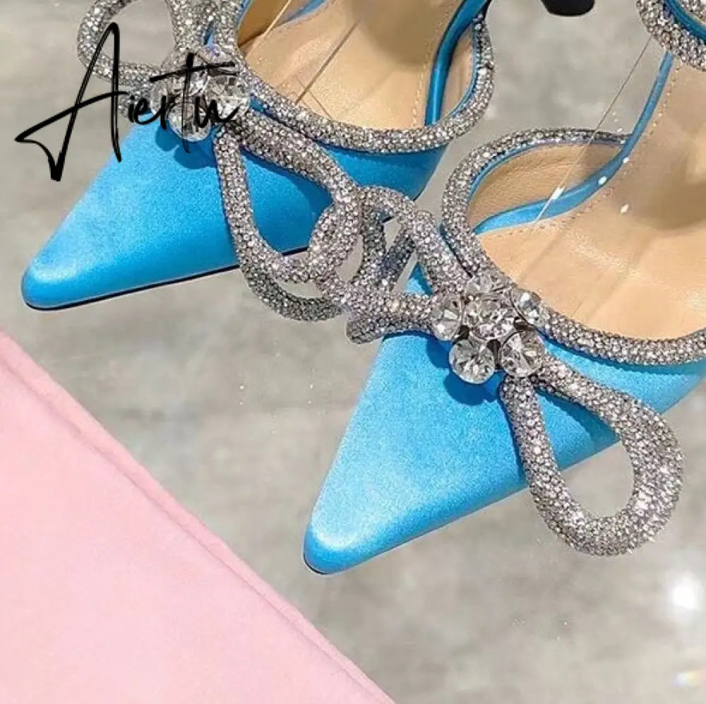 Aiertu New Women Sandals Fashion big bowknot High heels Wedding Party Shoes Luxury Crystal Satin Ankle strap Summer Bridal Shoes Aiertu