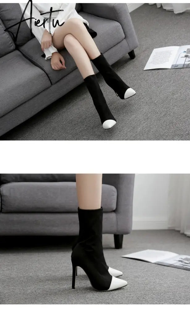 Aiertu New Women Sock Boots Pointed Toe Elastic High Boots Slip On High Heel Ankle Boots Women Pumps Stiletto Botas Aiertu