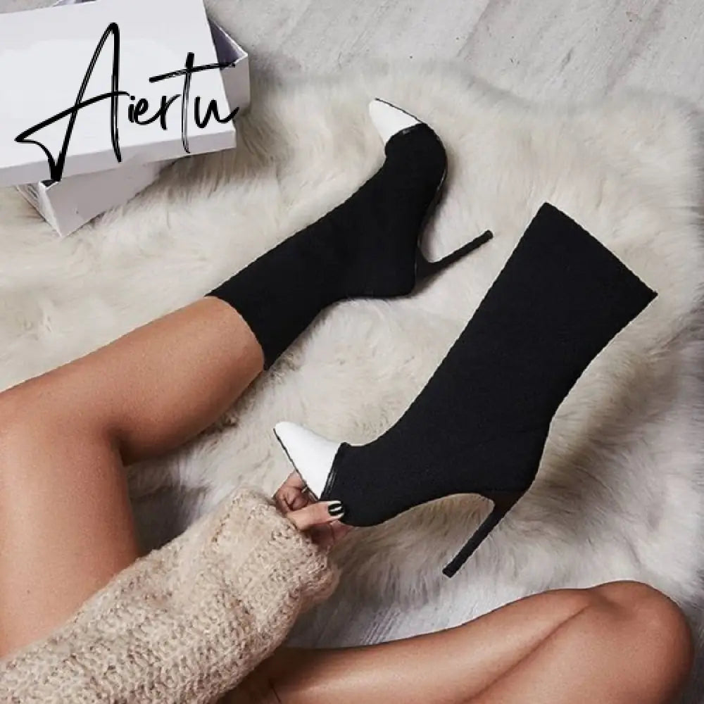 Aiertu New Women Sock Boots Pointed Toe Elastic High Boots Slip On High Heel Ankle Boots Women Pumps Stiletto Botas Aiertu