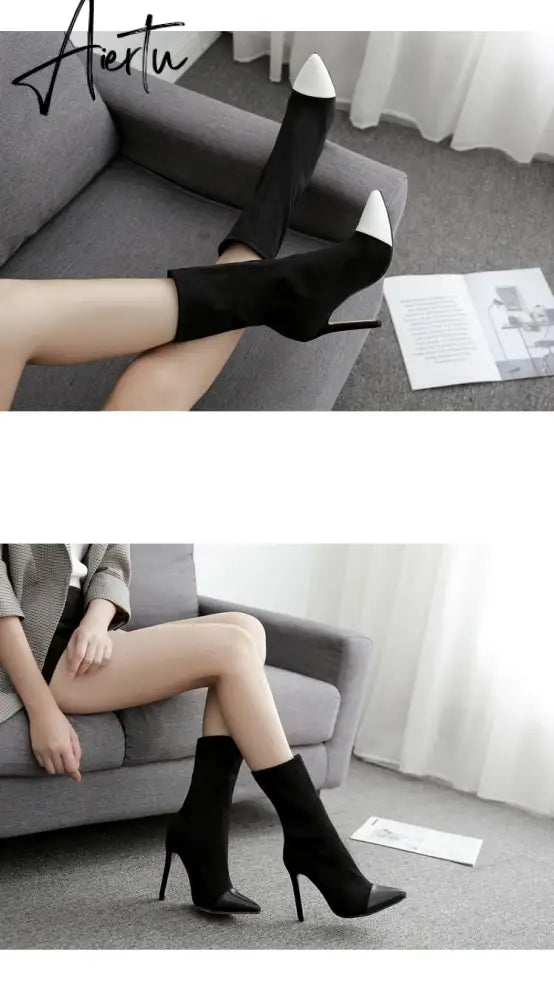 Aiertu New Women Sock Boots Pointed Toe Elastic High Boots Slip On High Heel Ankle Boots Women Pumps Stiletto Botas Aiertu