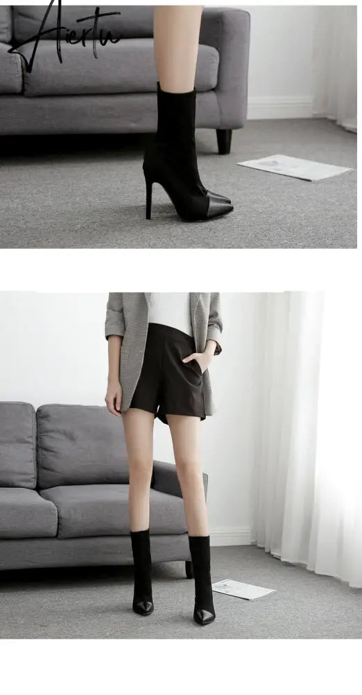Aiertu New Women Sock Boots Pointed Toe Elastic High Boots Slip On High Heel Ankle Boots Women Pumps Stiletto Botas Aiertu