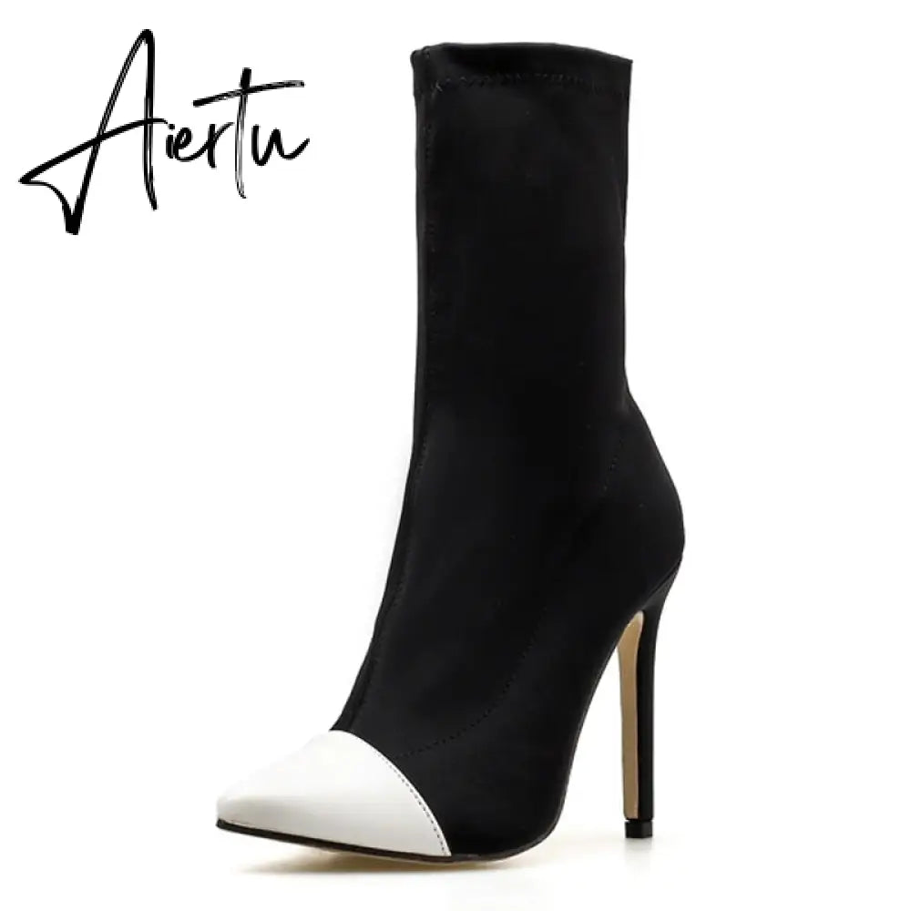 Aiertu New Women Sock Boots Pointed Toe Elastic High Boots Slip On High Heel Ankle Boots Women Pumps Stiletto Botas Aiertu