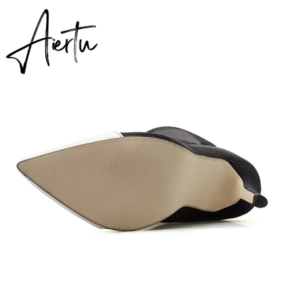 Aiertu New Women Sock Boots Pointed Toe Elastic High Boots Slip On High Heel Ankle Boots Women Pumps Stiletto Botas Aiertu