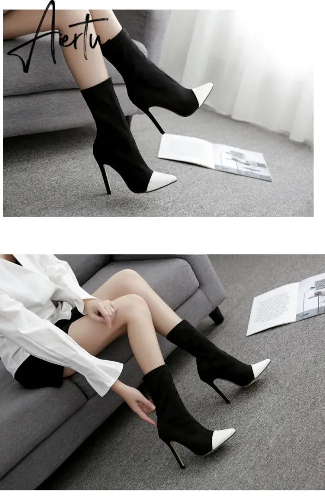 Aiertu New Women Sock Boots Pointed Toe Elastic High Boots Slip On High Heel Ankle Boots Women Pumps Stiletto Botas Aiertu