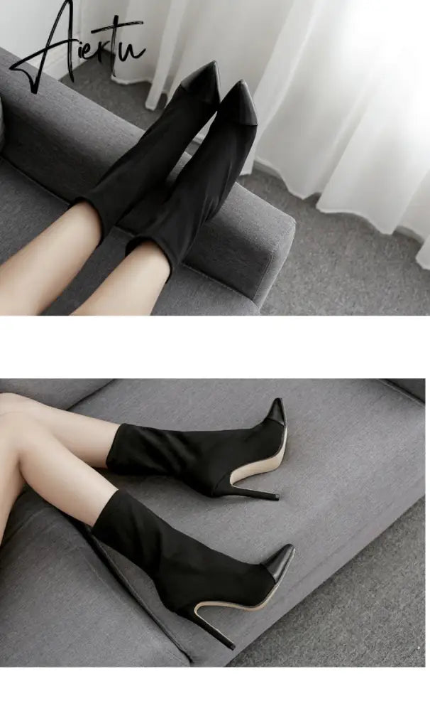Aiertu New Women Sock Boots Pointed Toe Elastic High Boots Slip On High Heel Ankle Boots Women Pumps Stiletto Botas Aiertu