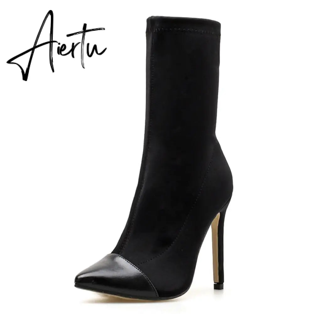 Aiertu New Women Sock Boots Pointed Toe Elastic High Boots Slip On High Heel Ankle Boots Women Pumps Stiletto Botas Aiertu