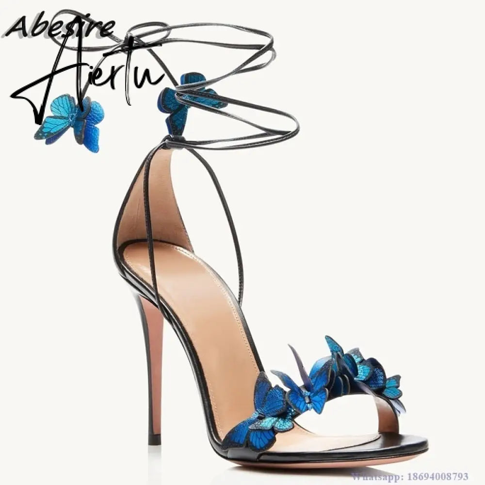 Aiertu New Women's Sandals Butterfly Decoration Blue Lace Up High Heels Summer Shoes For Women Fashion Stilettos zapatos mujer Aiertu