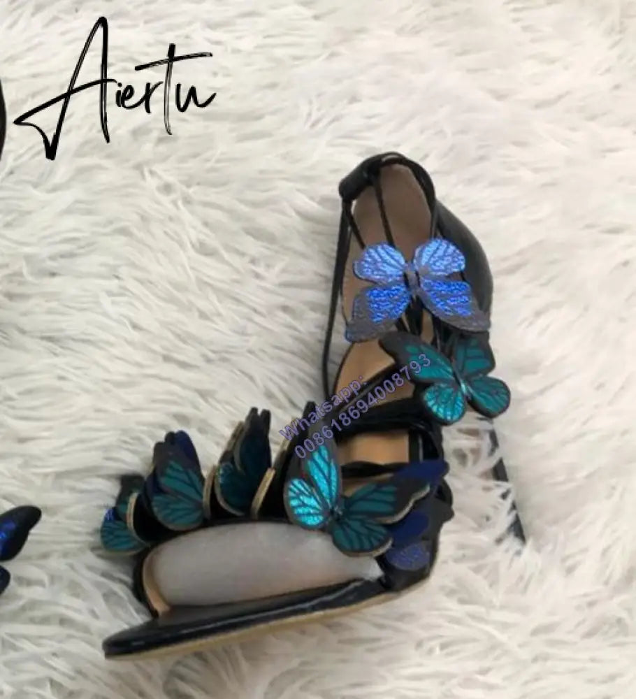 Aiertu New Women's Sandals Butterfly Decoration Blue Lace Up High Heels Summer Shoes For Women Fashion Stilettos zapatos mujer Aiertu