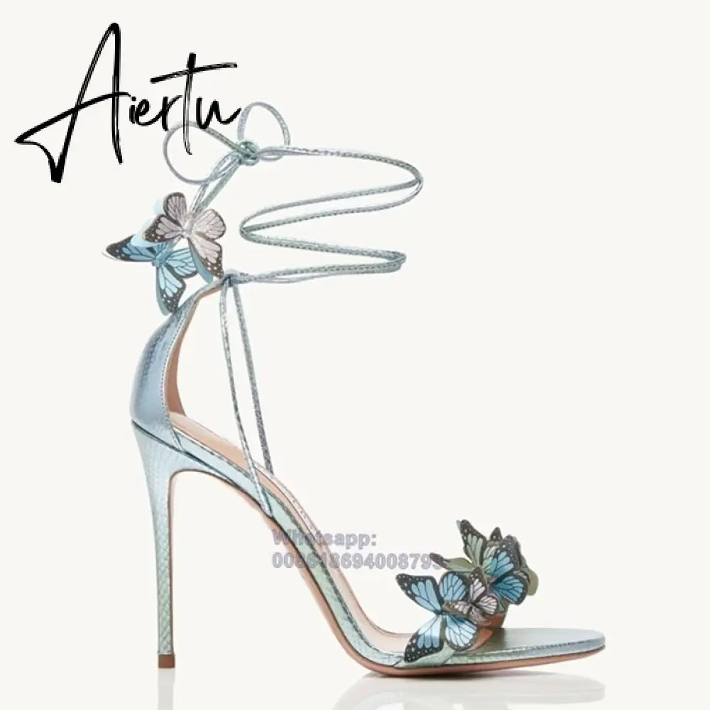 Aiertu New Women's Sandals Butterfly Decoration Blue Lace Up High Heels Summer Shoes For Women Fashion Stilettos zapatos mujer Aiertu