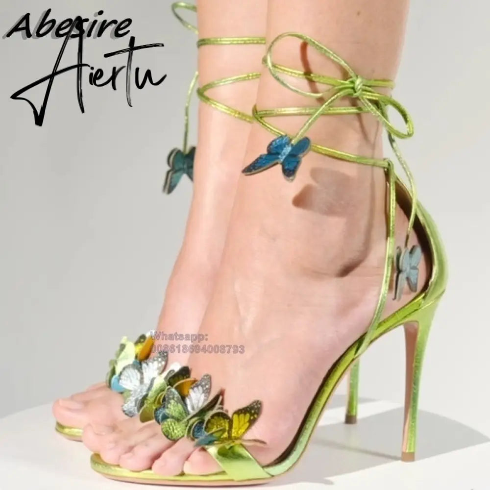 Aiertu New Women's Sandals Butterfly Decoration Blue Lace Up High Heels Summer Shoes For Women Fashion Stilettos zapatos mujer Aiertu