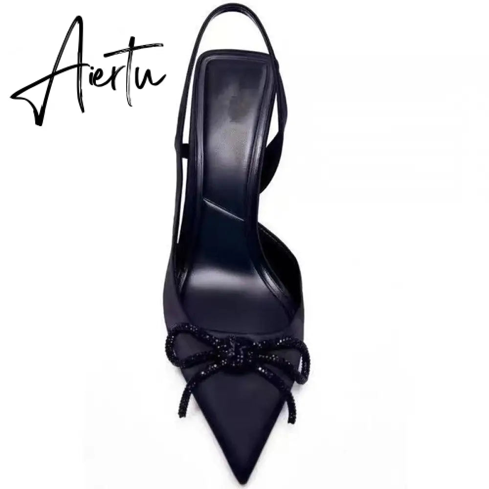 Aiertu New Women's Shoes Black Bright Ribbon Bow Knot High-heeled Muller Shoes Shallow Mouth Stiletto Sandals Women Aiertu