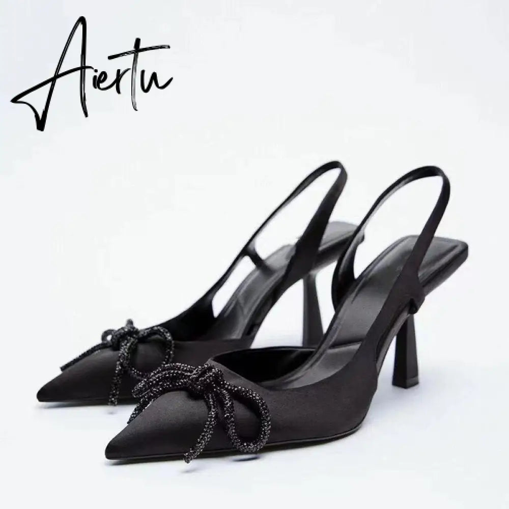 Aiertu New Women's Shoes Black Bright Ribbon Bow Knot High-heeled Muller Shoes Shallow Mouth Stiletto Sandals Women Aiertu