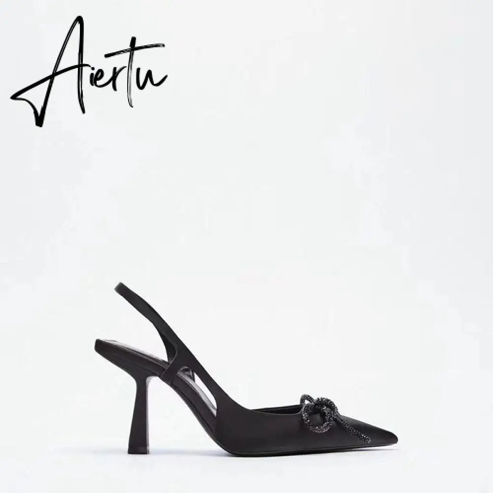 Aiertu New Women's Shoes Black Bright Ribbon Bow Knot High-heeled Muller Shoes Shallow Mouth Stiletto Sandals Women Aiertu