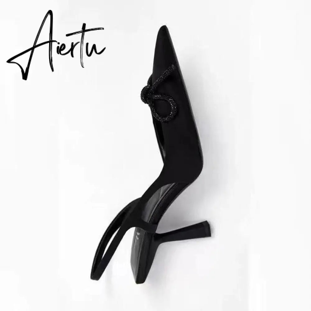 Aiertu New Women's Shoes Black Bright Ribbon Bow Knot High-heeled Muller Shoes Shallow Mouth Stiletto Sandals Women Aiertu