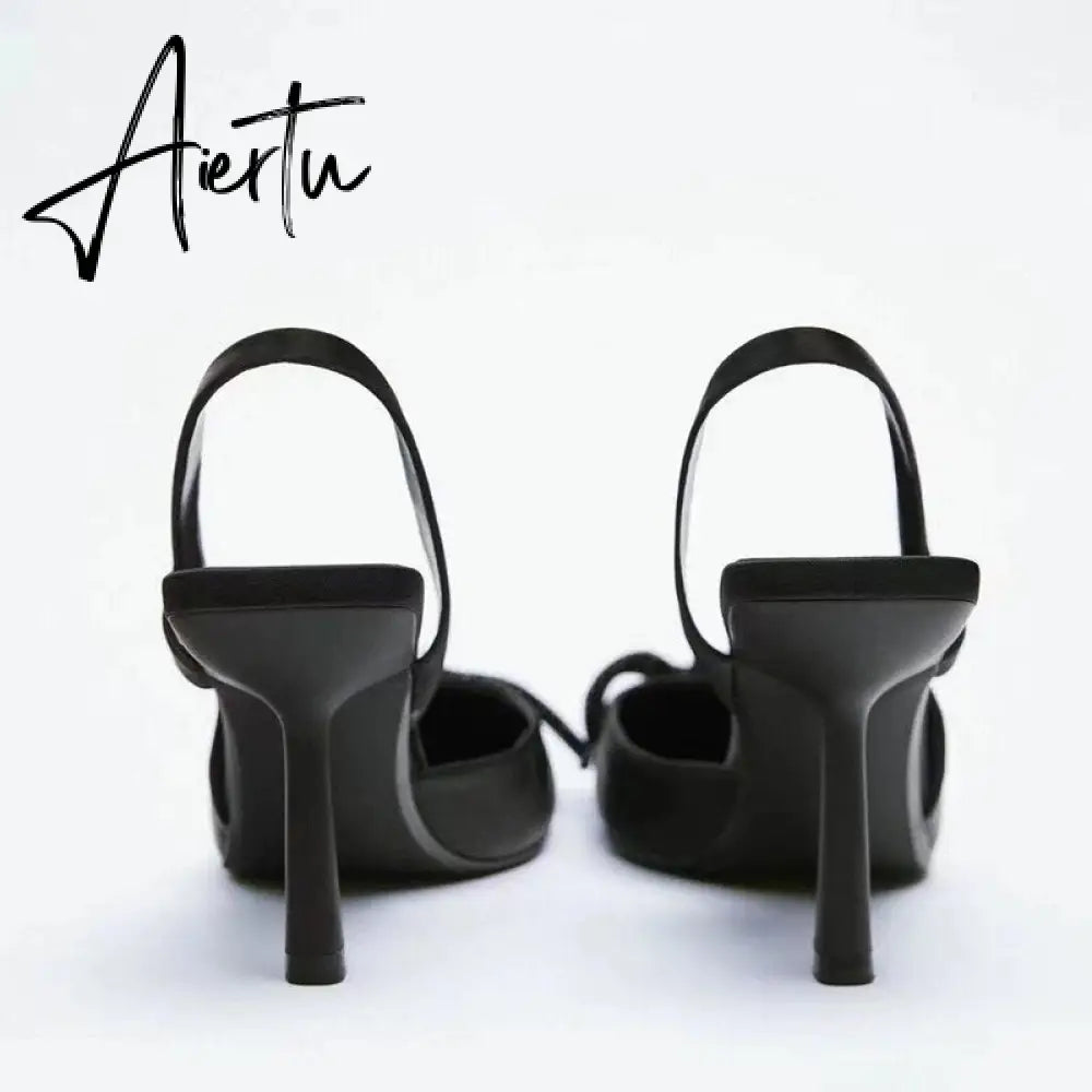 Aiertu New Women's Shoes Black Bright Ribbon Bow Knot High-heeled Muller Shoes Shallow Mouth Stiletto Sandals Women Aiertu