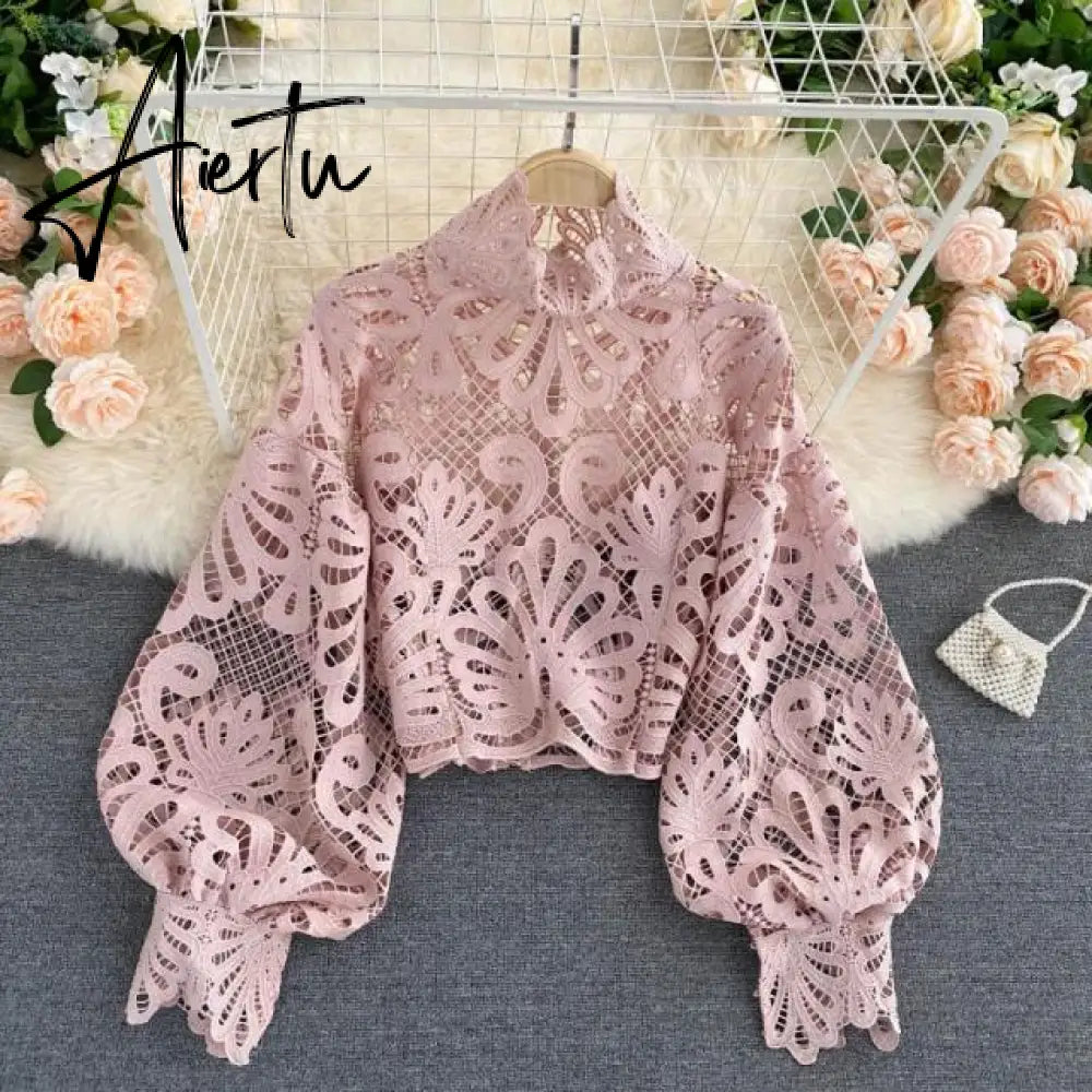 Aiertu Newest Spring Autumn Sexy Lace Shirt Hollow Out Lantern Stand Collar Short Blouse Women Elegant Casual  Loose Tops Blusas Aiertu