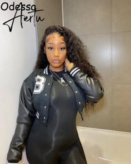 Aiertu Odessa Winter Long Sleeve Baseball Jacket Faux Leather Patchwork Button Y2K Varsity Bomber Jackets Women Crop Coat Brown Aiertu