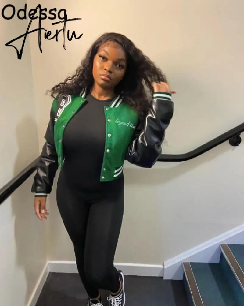 Aiertu Odessa Winter Long Sleeve Baseball Jacket Faux Leather Patchwork Button Y2K Varsity Bomber Jackets Women Crop Coat Brown Aiertu