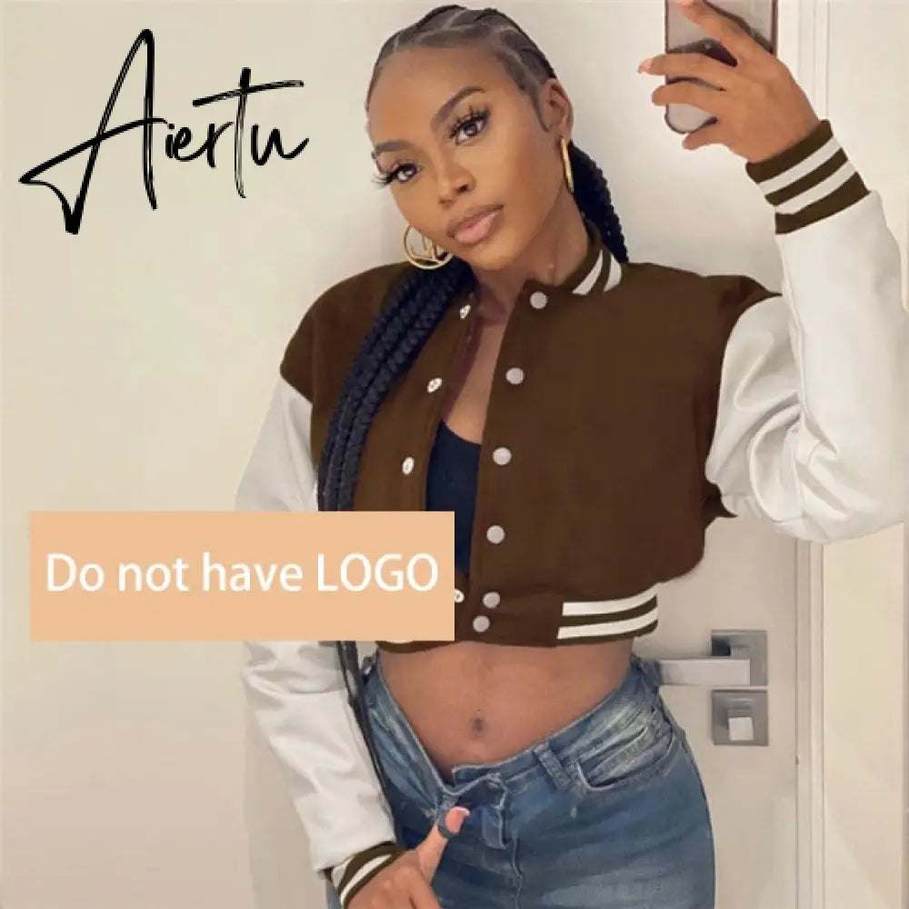 Aiertu Odessa Winter Long Sleeve Baseball Jacket Faux Leather Patchwork Button Y2K Varsity Bomber Jackets Women Crop Coat Brown Aiertu