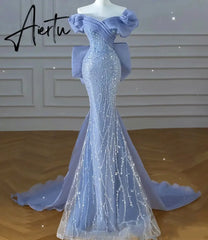 Aiertu  Off the Shoulder Sequin Beaded Mermaid Formal Gown Custom Made Bowknot Back Blue Prom Dress for Women Aiertu